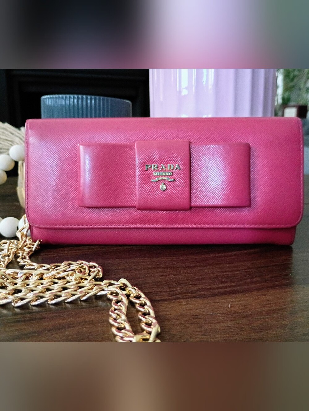 AUTHENTIC PRADA SAFFIANO LEATHER BOW CONTINENTAL FLAP WALLET – FUCHSIA/PINK 🎀✨